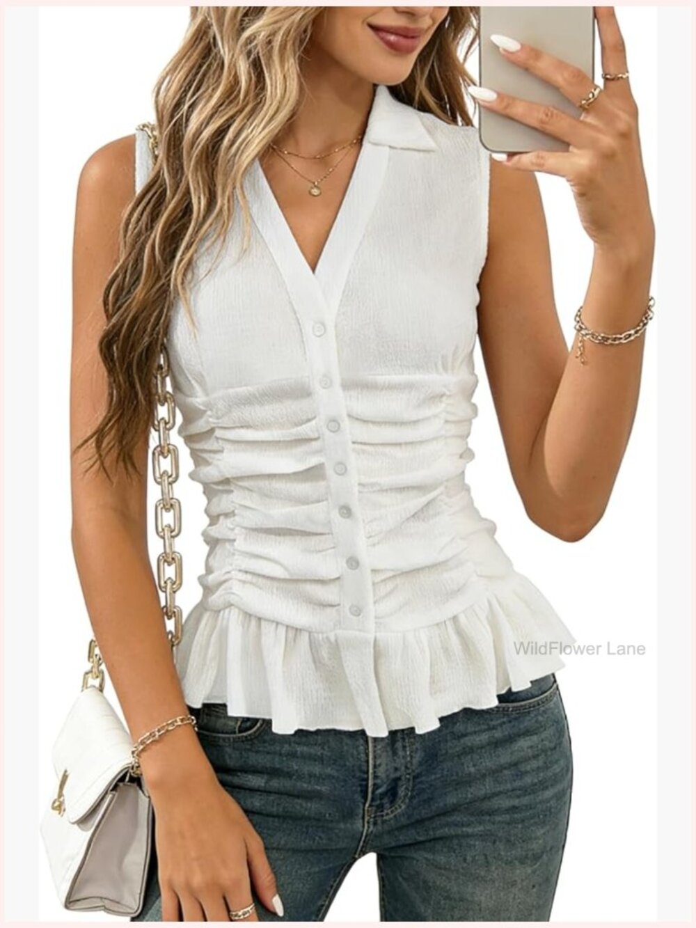 Sleeveless Button Up Ruffle Blouse V Neck Tank Top